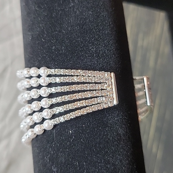 Faux Pearl and Rhinestone Layered Bracelet Cuff - Picture 2 of 5